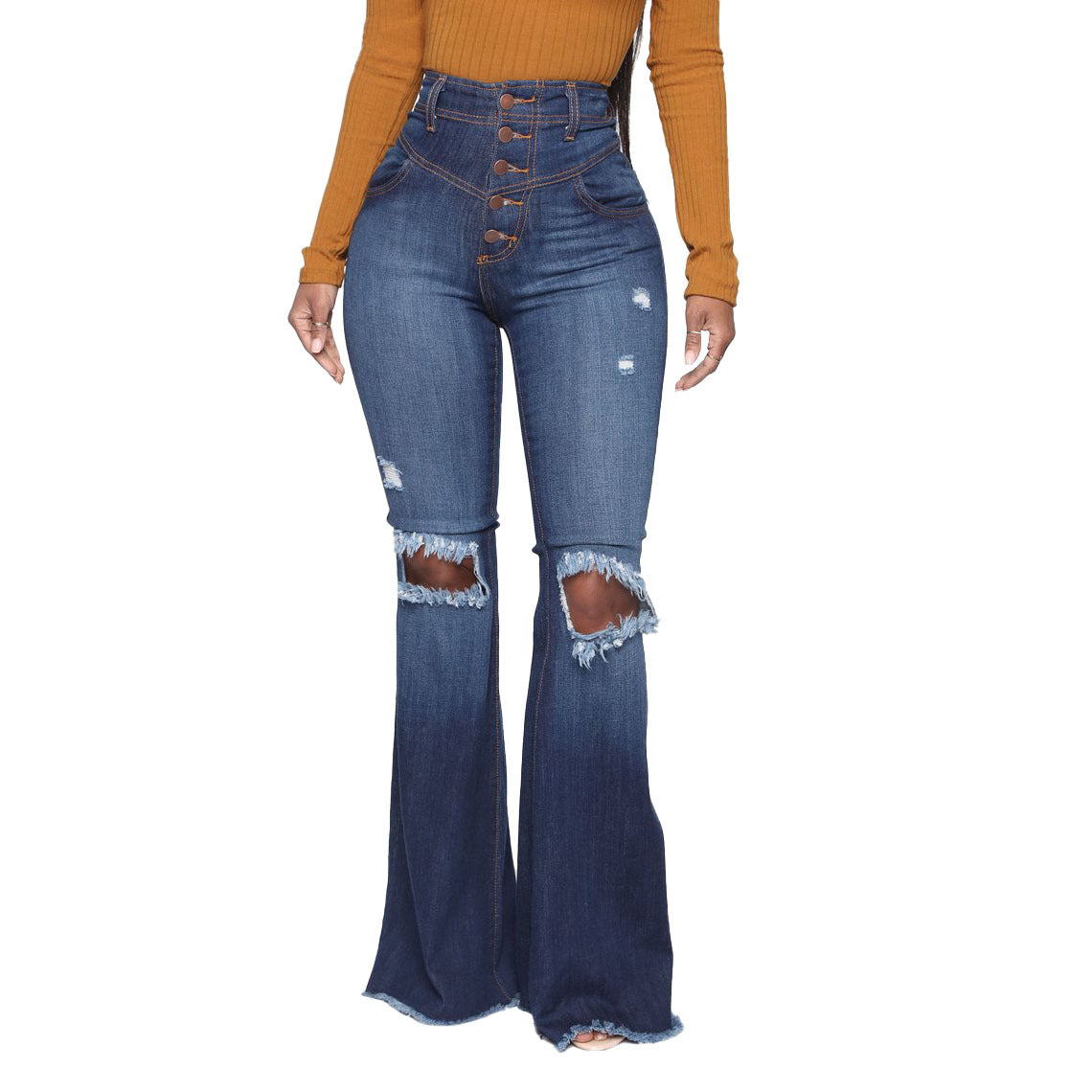 Europe And The United States Fashion With Wide Legs Knee Holes Slim Jeans Flare