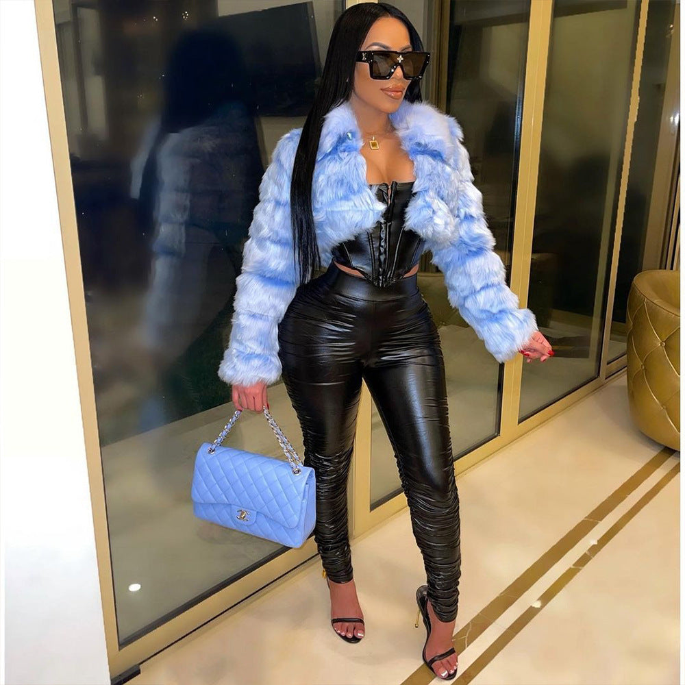 European And American Women's Fashion Sexy Tight Pleated Pu Leather Trousers Long Pants Women