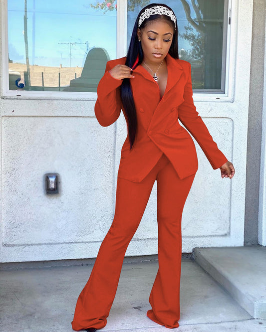 Europe And The United States Fashion Temperament Ol Wind Small Suit Solid Color Two-Piece Set