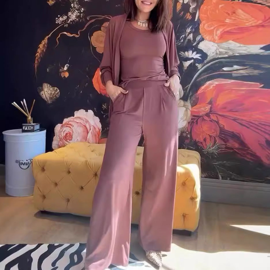 Casual Basic Comfortable Vest Jacket Wide Leg Pants Three Piece Set