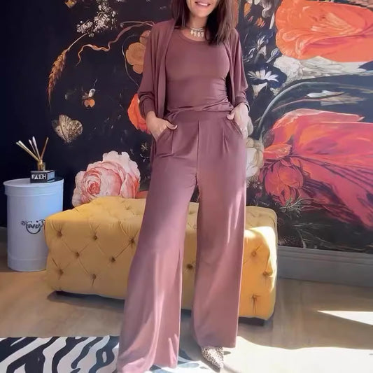 Casual Basic Comfortable Vest Jacket Wide Leg Pants Three Piece Set