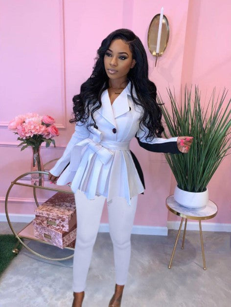 Autumn And Winter Color Splicing Two Suits Women Lapel Irregular Coat Pants Suit