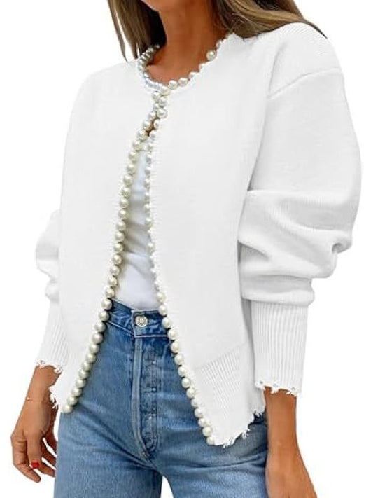 Short long Sleeve Cardigan With Pearl Trim