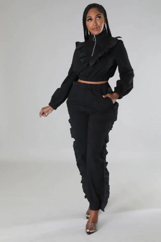 Solid Color Zipper Wooden Ear Edge Fashion Leisure Sports Two-Piece Set