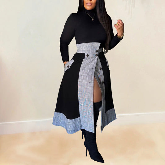 Women's Slim Long Sleeve Small High Neck Plaid Slit Midi Two-Piece Set