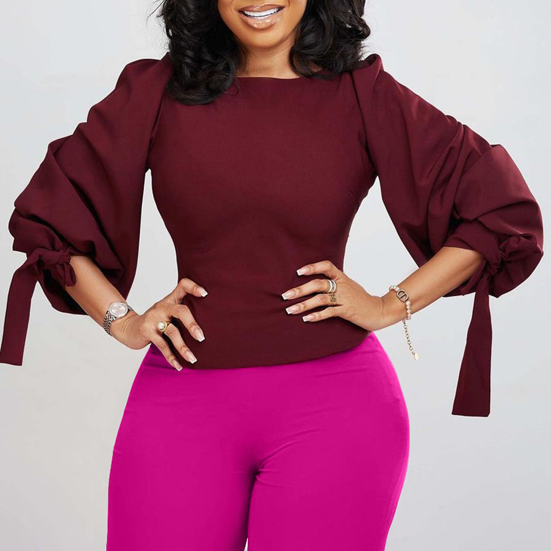 New Fashion Temperament Slim-Fit Solid Color Binding Puffy Sleeve Shirt Foreign Trade Shirt