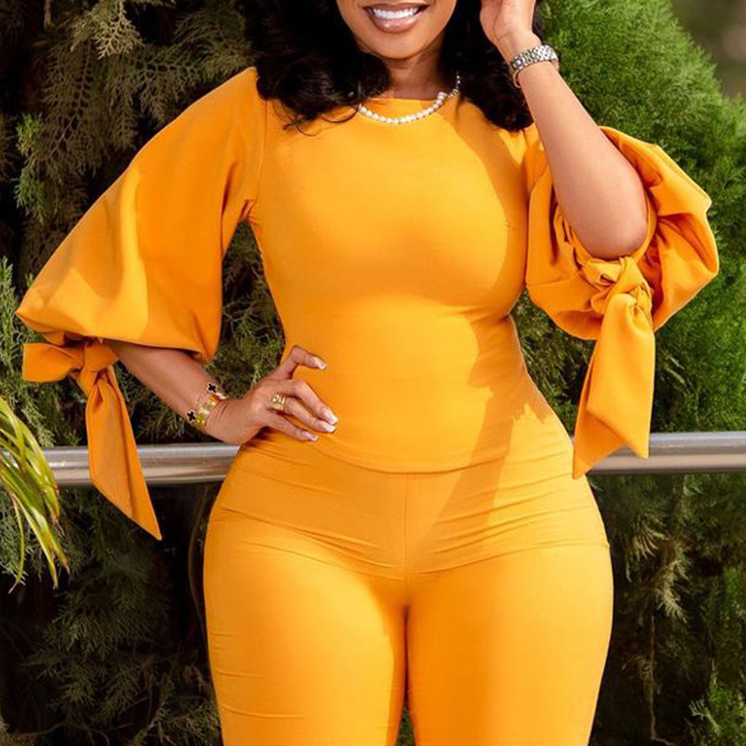 New Fashion Temperament Slim-Fit Solid Color Binding Puffy Sleeve Shirt Foreign Trade Shirt