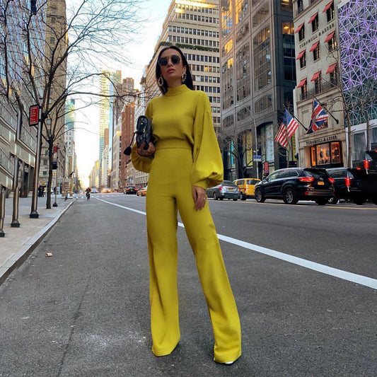 Autumn And Winter Long-Sleeved Stand-Up Collar Jumpsuit Fashion Casual Pants Wide-Leg Jumpsuit