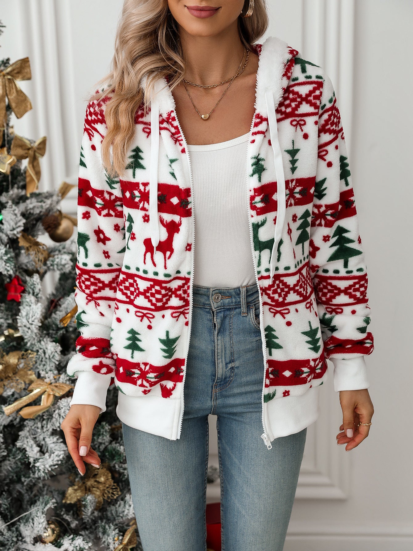 Long-Sleeved Cardigan Christmas Print Fleece Coat