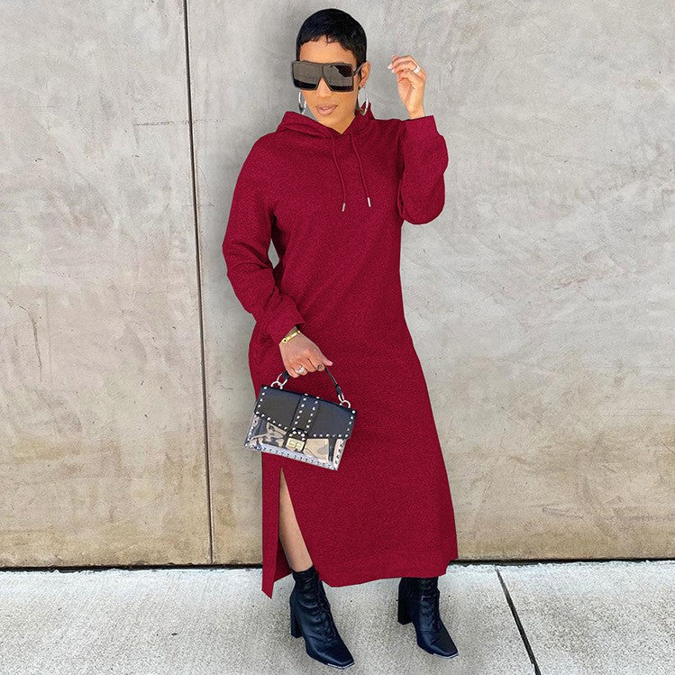 European And American Women's Fashion Casual Pure Color Hoodie Solid Color Dress