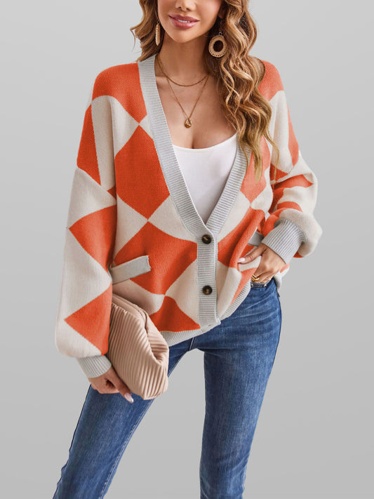 V-Neck Rhomboid Patchwork Color Loose Knit Cardigan