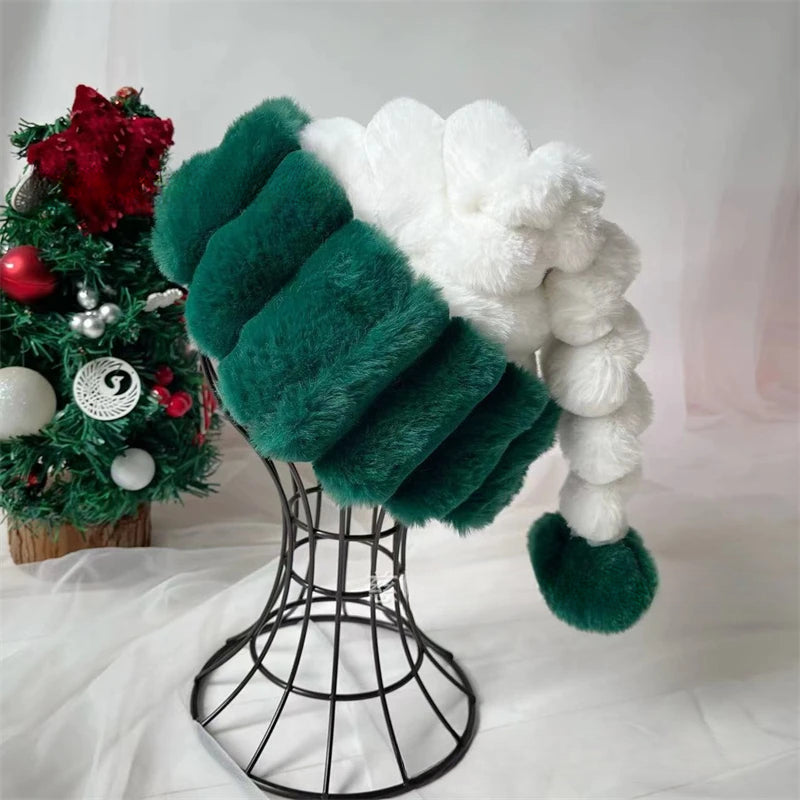 Creative White Green Striped Double-Layer Plush Christmas Hat 30 * 43cm Christmas Holiday Cos Decorative Hat