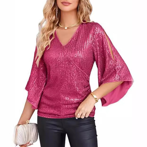 Sequined 3/4 Bell Sleeve Top