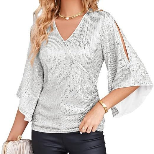 Sequined 3/4 Bell Sleeve Top