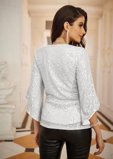 Sequined 3/4 Bell Sleeve Top