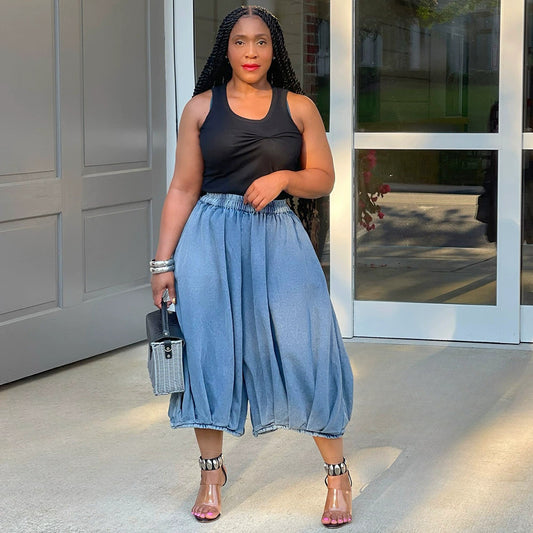 Casual Wide-leg Denim Cropped Trousers