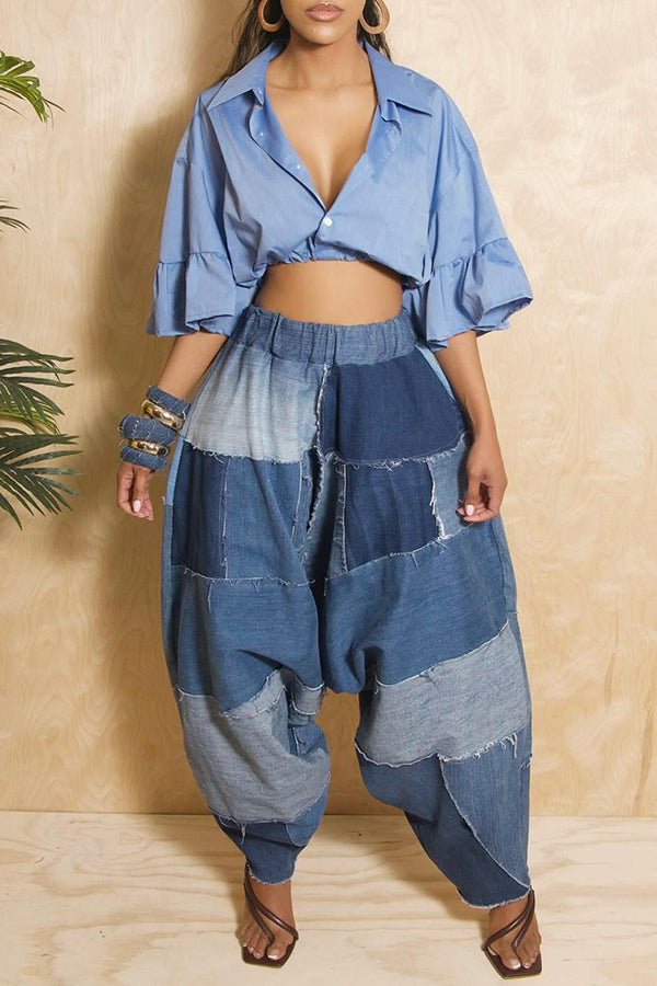 Blue Collage Effect Baggy Jeans