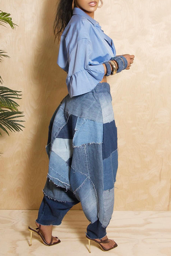 Blue Collage Effect Baggy Jeans