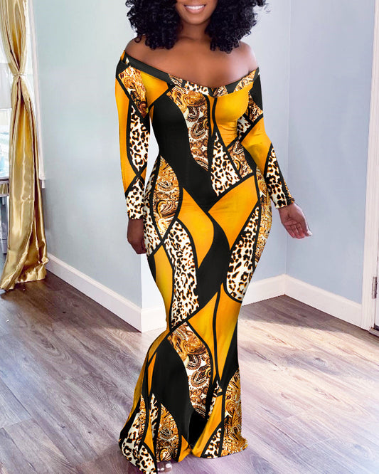 Colorful Tie-Dye Long-Sleeved One-Line Shoulder Tight Dress