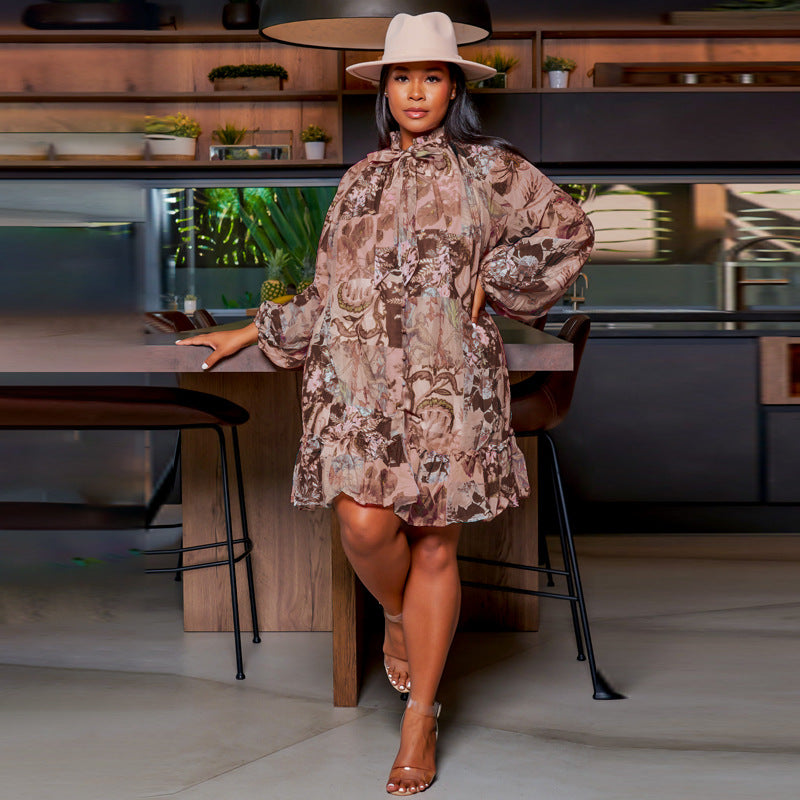 Sexy Print Ruffled Collar Dress With Belt