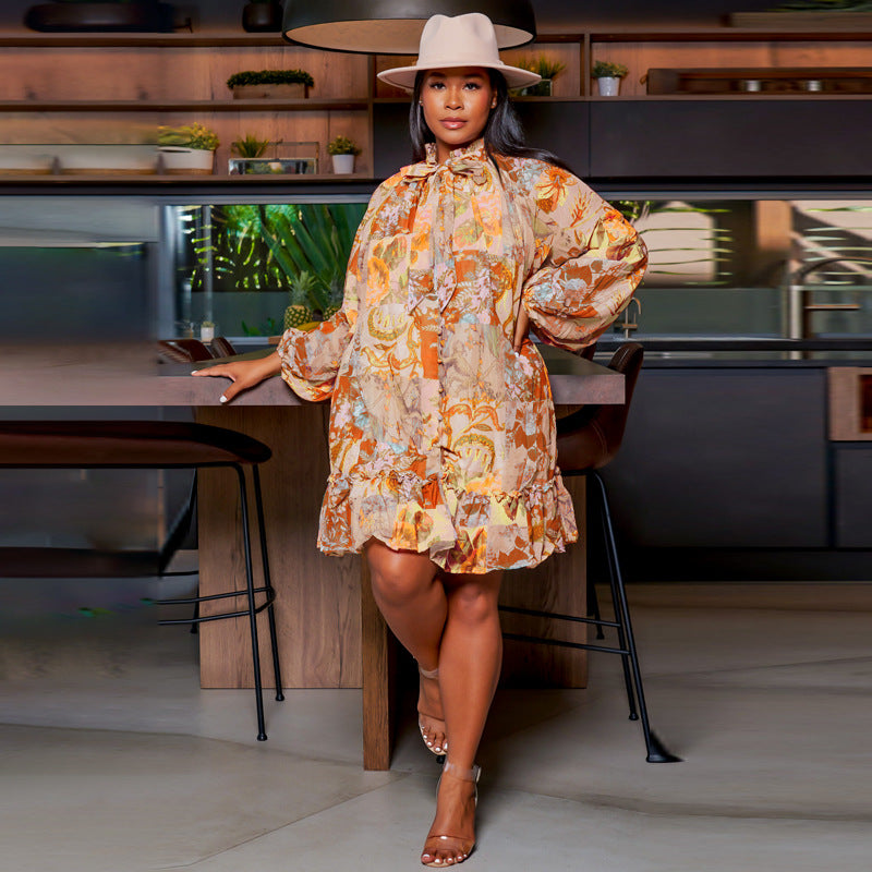 Sexy Print Ruffled Collar Dress With Belt