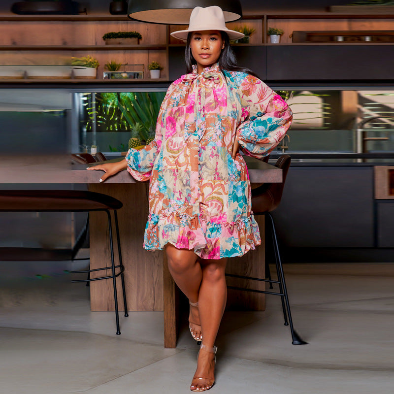 Sexy Print Ruffled Collar Dress With Belt