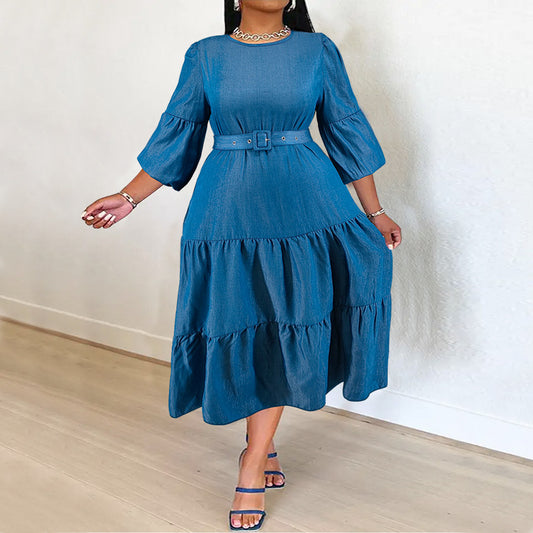 Plus-Size Women's Denim Dress Pleated Skirt Contains Belt Micro-Reflective Color Change