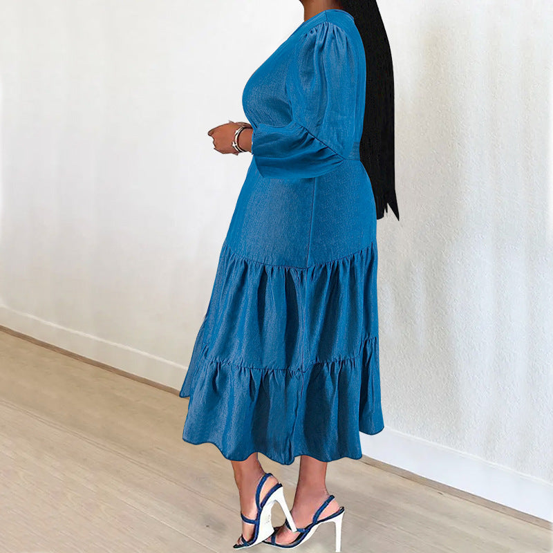 Plus-Size Women's Denim Dress Pleated Skirt Contains Belt Micro-Reflective Color Change