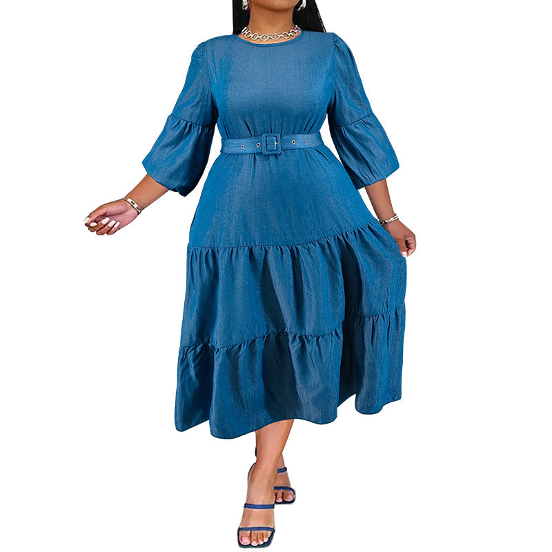 Plus-Size Women's Denim Dress Pleated Skirt Contains Belt Micro-Reflective Color Change