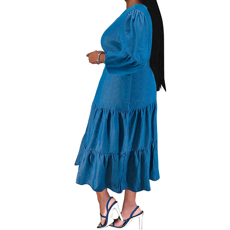 Plus-Size Women's Denim Dress Pleated Skirt Contains Belt Micro-Reflective Color Change