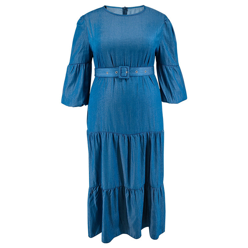 Plus-Size Women's Denim Dress Pleated Skirt Contains Belt Micro-Reflective Color Change