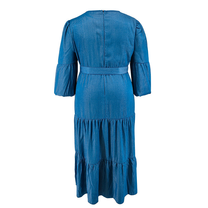 Plus-Size Women's Denim Dress Pleated Skirt Contains Belt Micro-Reflective Color Change