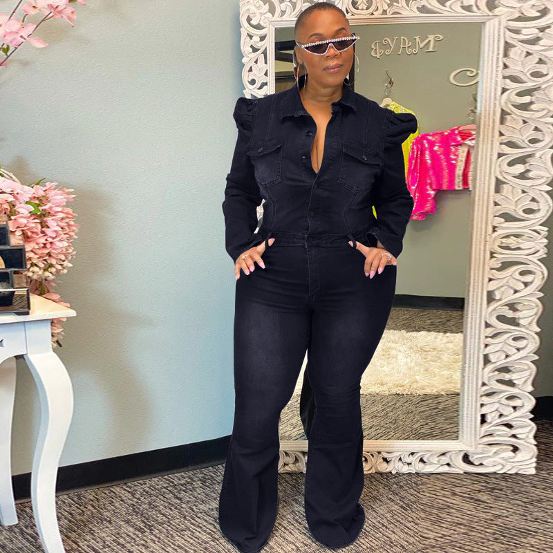 Denim Wash Water Fashion Casual Slim-Fit Onesie