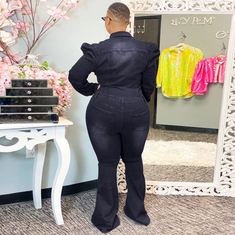 Denim Wash Water Fashion Casual Slim-Fit Onesie