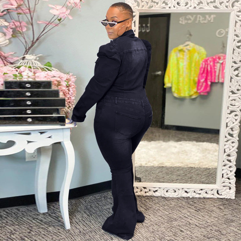 Denim Wash Water Fashion Casual Slim-Fit Onesie