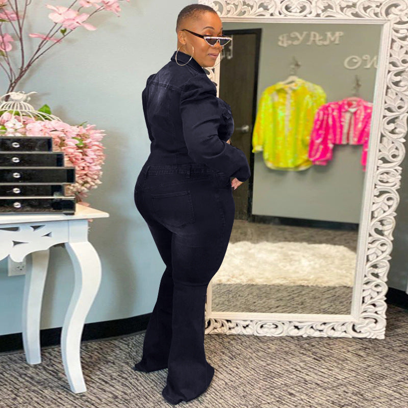 Denim Wash Water Fashion Casual Slim-Fit Onesie