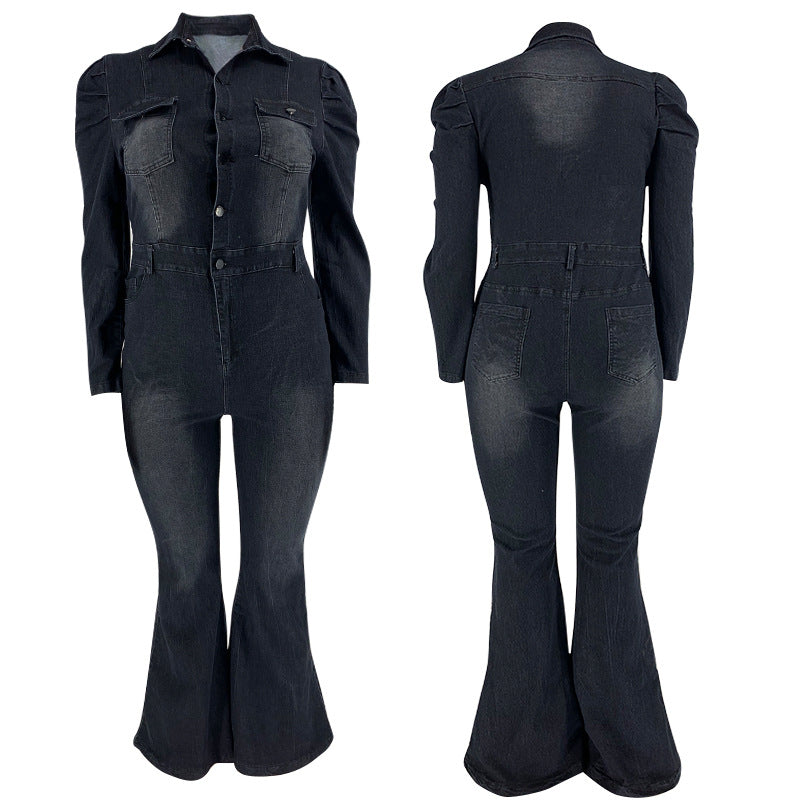 Denim Wash Water Fashion Casual Slim-Fit Onesie