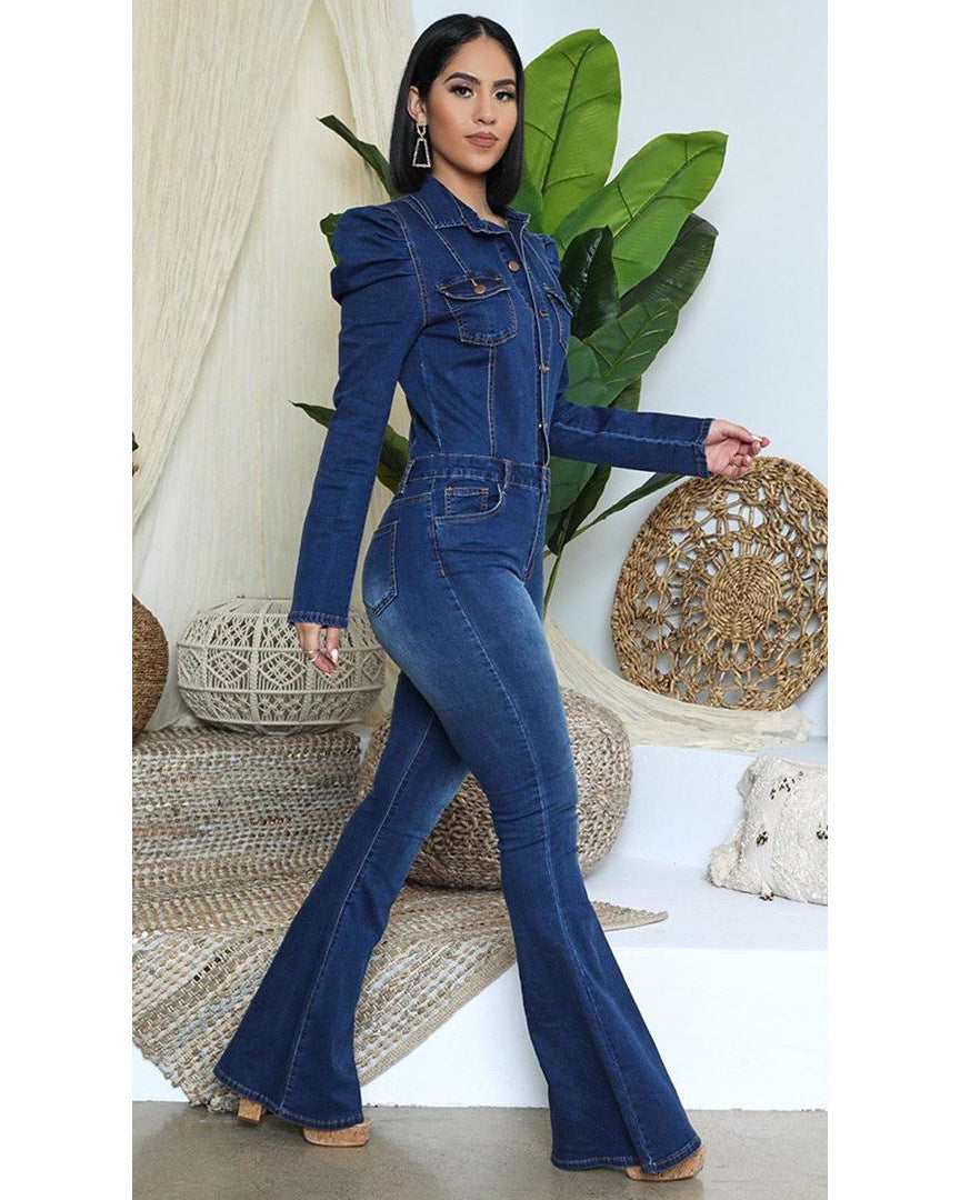 Denim Wash Water Fashion Casual Slim-Fit Onesie