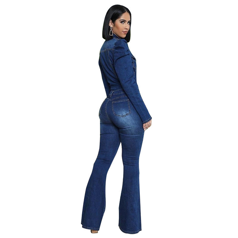 Denim Wash Water Fashion Casual Slim-Fit Onesie