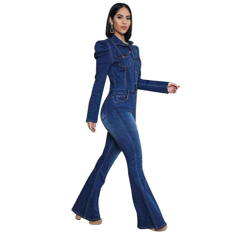 Denim Wash Water Fashion Casual Slim-Fit Onesie