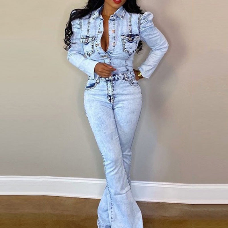 Denim Wash Water Fashion Casual Slim-Fit Onesie