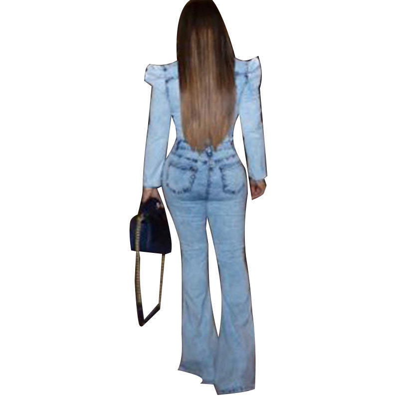 Denim Wash Water Fashion Casual Slim-Fit Onesie