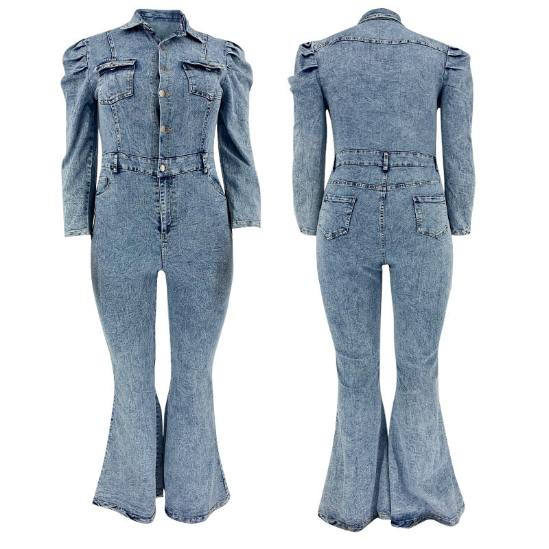 Denim Wash Water Fashion Casual Slim-Fit Onesie