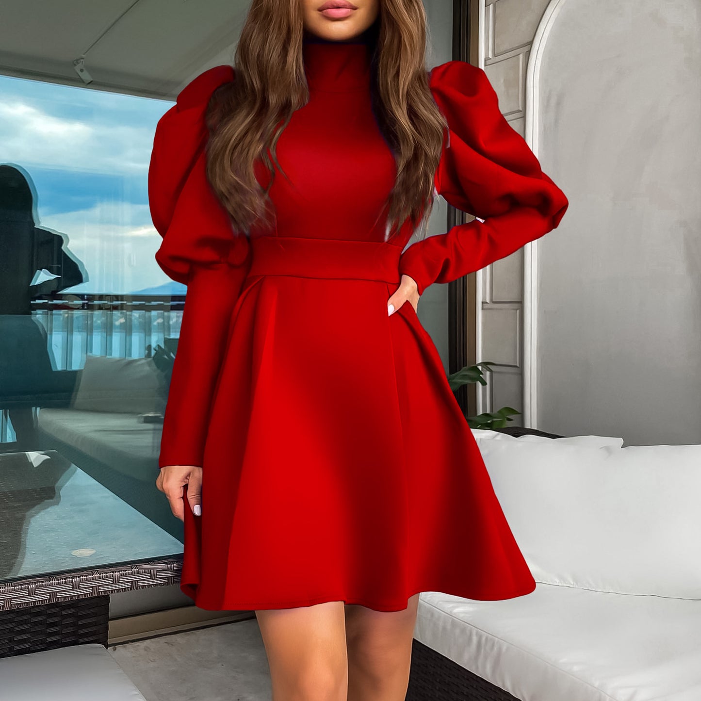 Temperament Socialite High Neck Waist Slimming A-Line Dress Dress