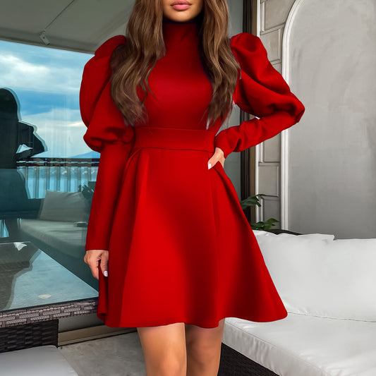 Temperament Socialite High Neck Waist Slimming A-Line Dress Dress
