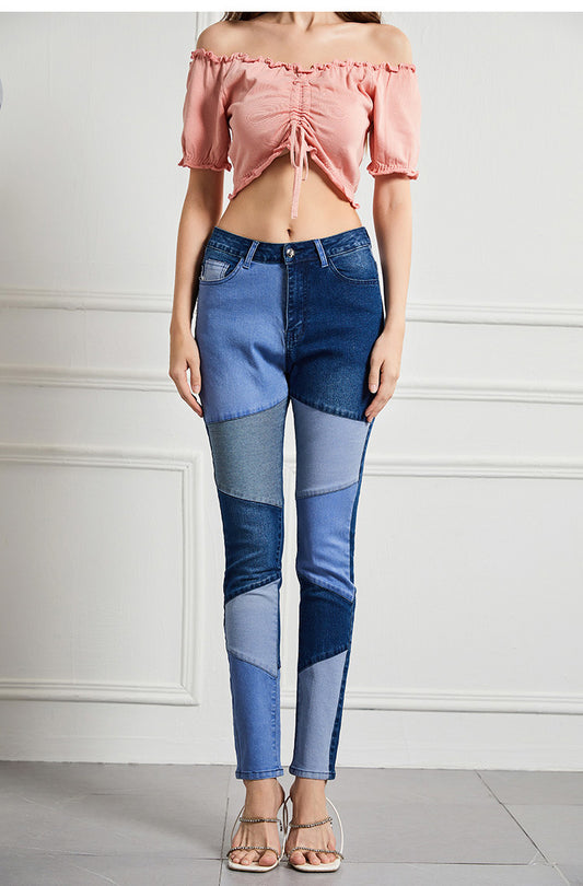 Jeans Slim High Waist High Stretch Patchwork Pants Color Contrast