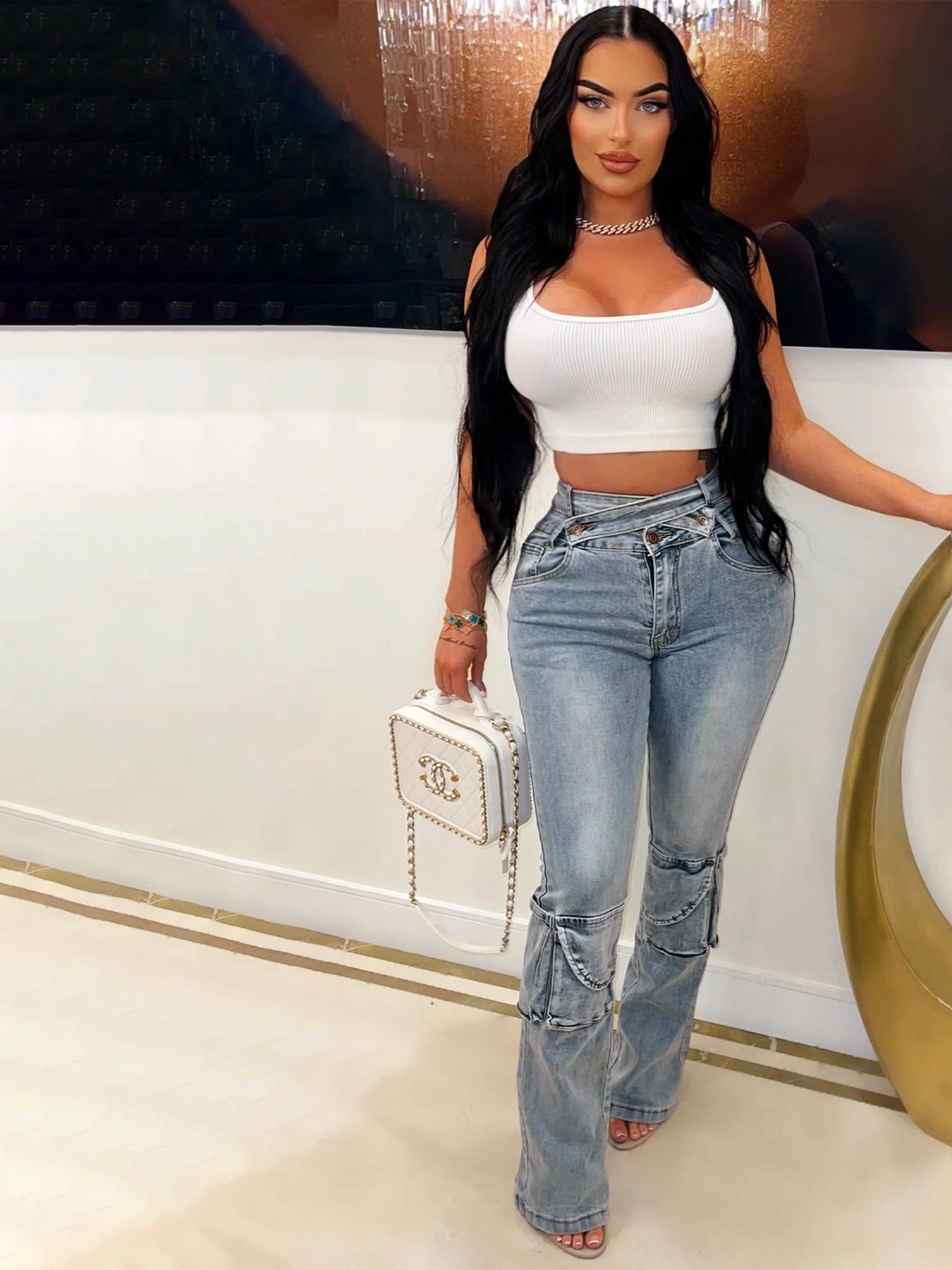 Double Waistband Stylish Multi-Bag Denim Pants