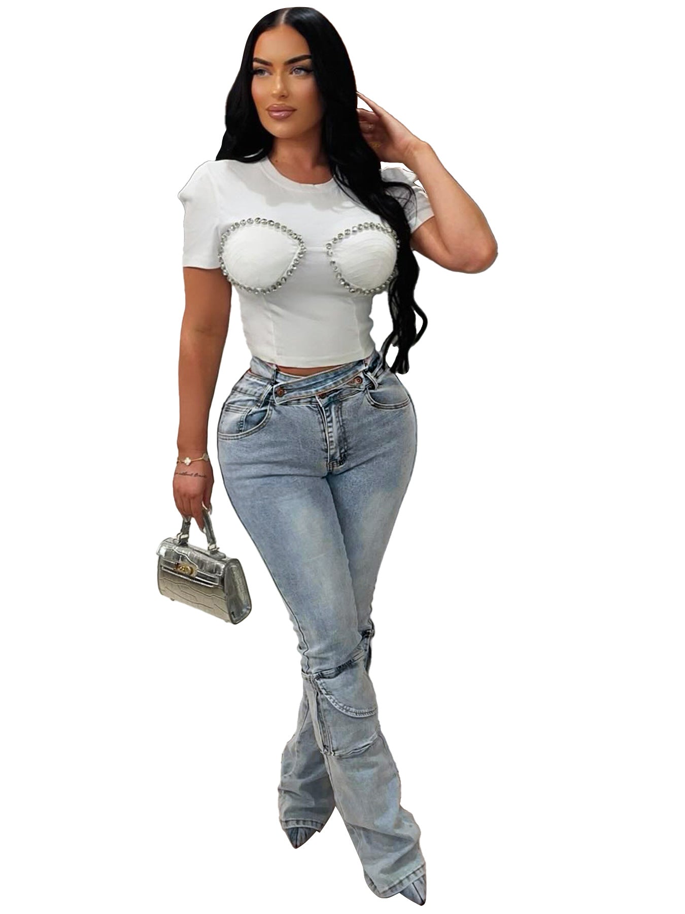 Double Waistband Stylish Multi-Bag Denim Pants