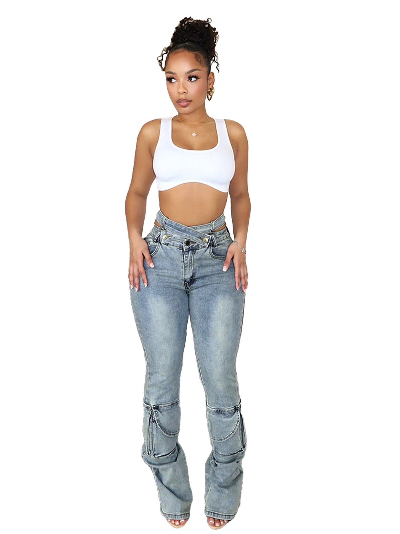 Double Waistband Stylish Multi-Bag Denim Pants