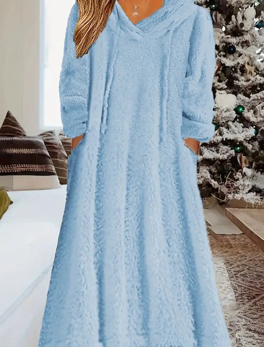 Loose Casual Fluffy Hooded Long-Sleeved Dress Home Wear